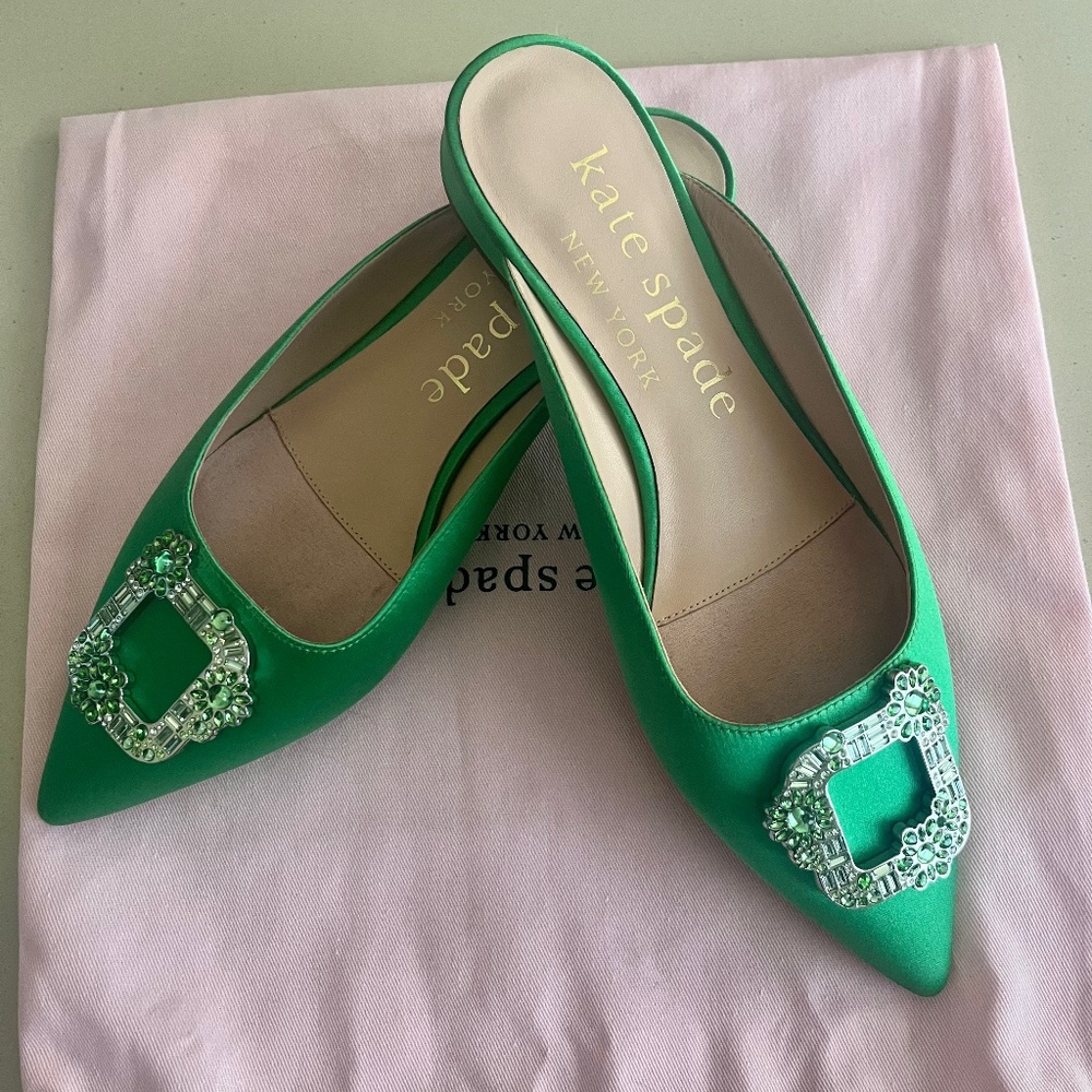 Kate Spade Buckle Up Green Satin Flats 7.5m